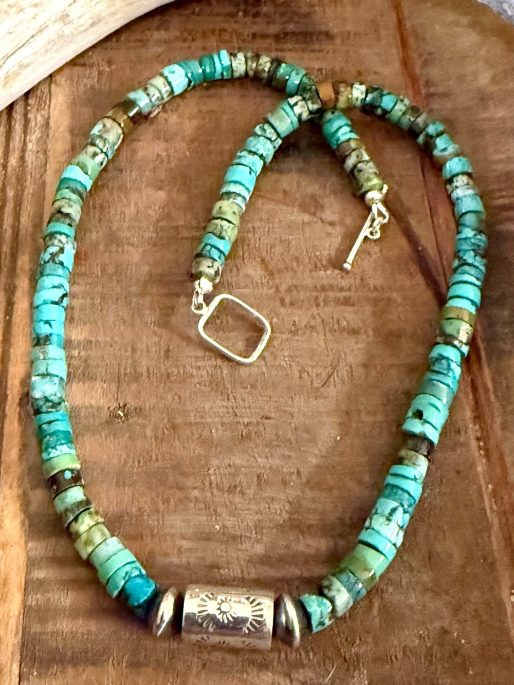 Kingman Turquoise Heishi Necklace, Sterling Silver Navajo Pearls, 18 Inch - Picture 3 of 5